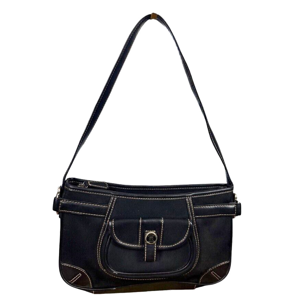Etienne Aigner Black Satchel Shoulder Bag Handbag Canvas Leather Trim Purse